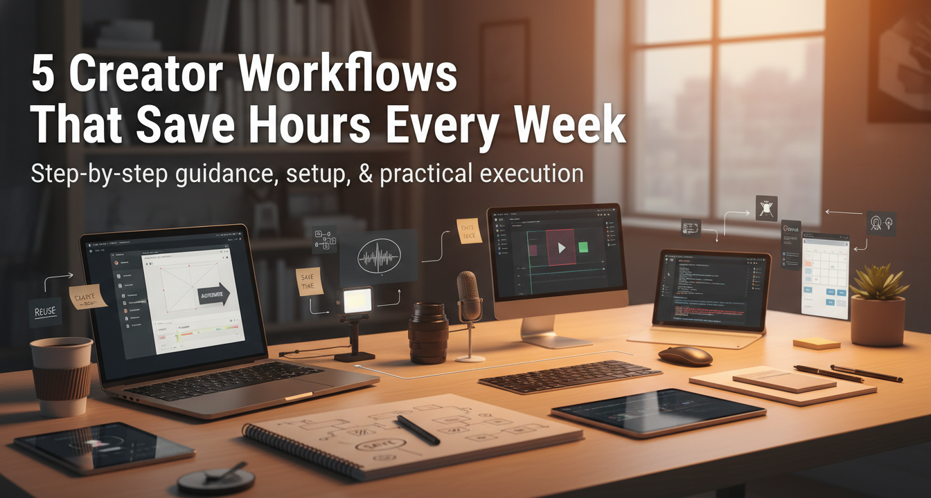 A visual metaphor for efficient creative workflows, showing gears and creative tools working in harmony to save time.
