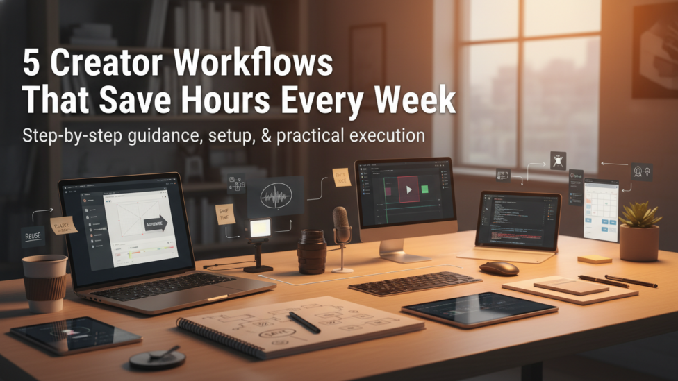 A visual metaphor for efficient creative workflows, showing gears and creative tools working in harmony to save time.
