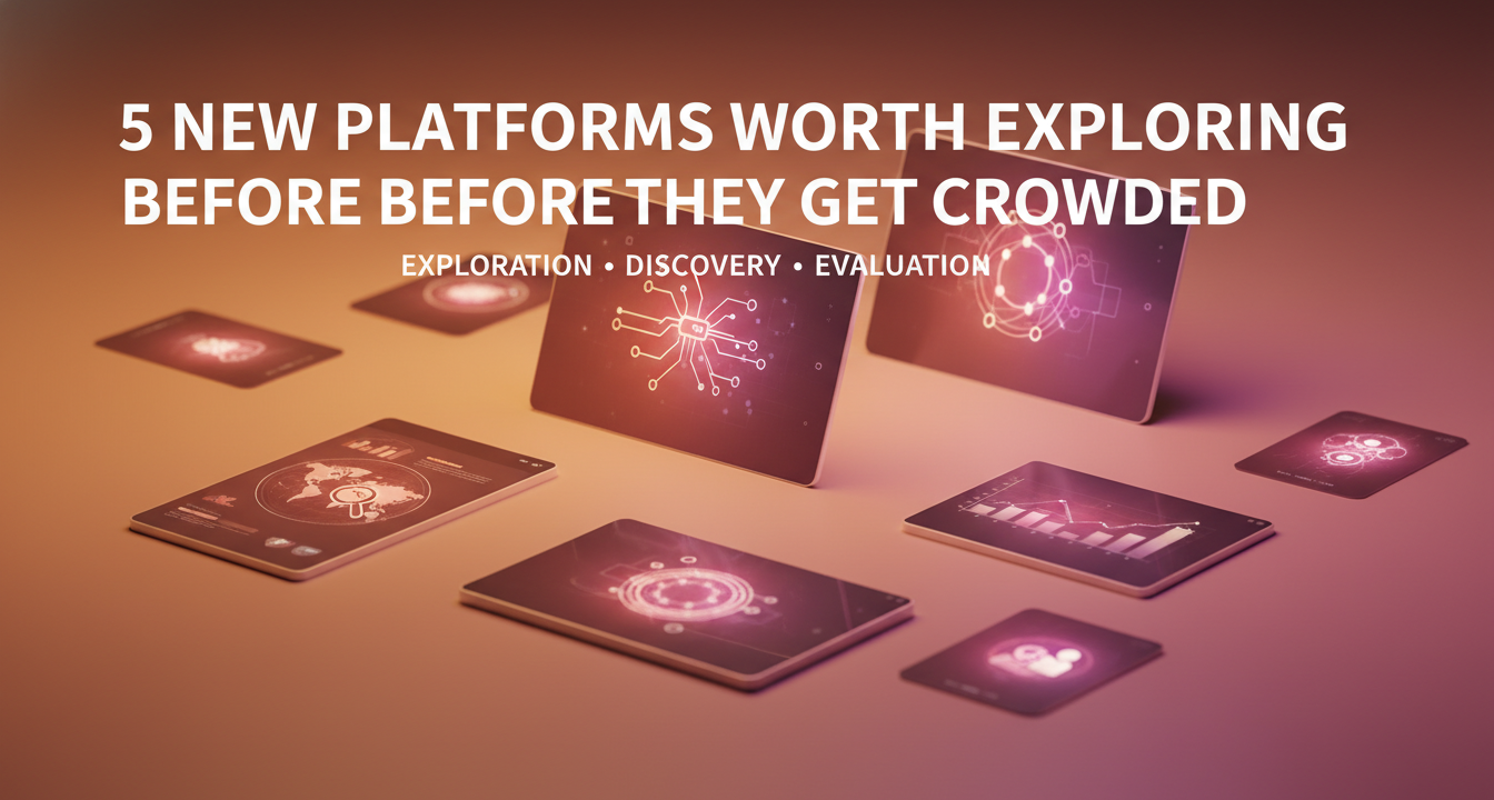 Diverse group exploring new digital platforms and interconnected data, representing discovery and innovation.