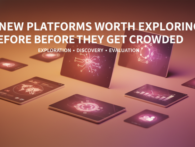 Diverse group exploring new digital platforms and interconnected data, representing discovery and innovation.
