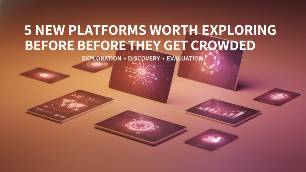 Diverse group exploring new digital platforms and interconnected data, representing discovery and innovation.