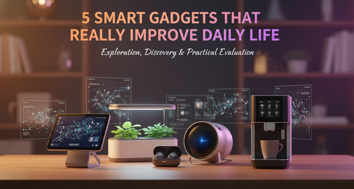A modern living room with smart lighting, a smart thermostat, and a robot vacuum, symbolizing improved daily life through technology.