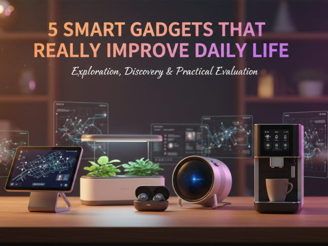 A modern living room with smart lighting, a smart thermostat, and a robot vacuum, symbolizing improved daily life through technology.