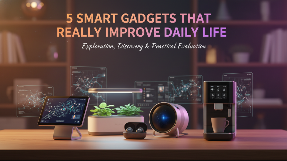 A modern living room with smart lighting, a smart thermostat, and a robot vacuum, symbolizing improved daily life through technology.