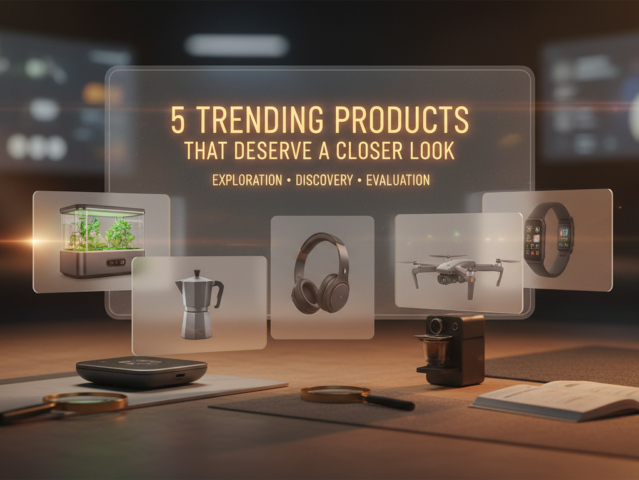 A collection of five trending products including an air quality monitor, smart notebook, ergonomic mouse, micro-learning app on a tablet, and a smart water bottle, arranged aesthetically on a modern surface.
