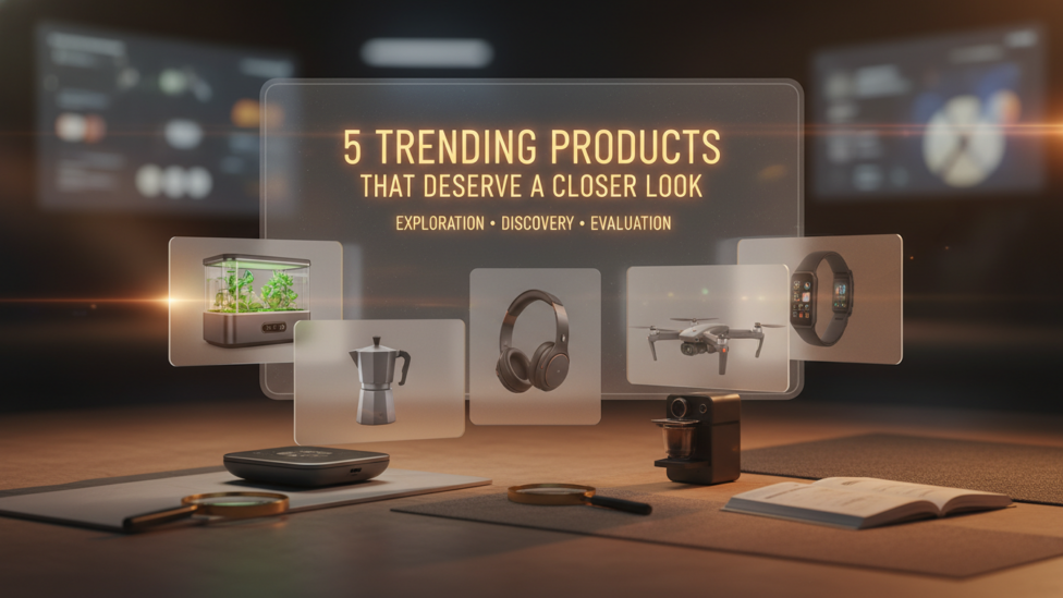 A collection of five trending products including an air quality monitor, smart notebook, ergonomic mouse, micro-learning app on a tablet, and a smart water bottle, arranged aesthetically on a modern surface.