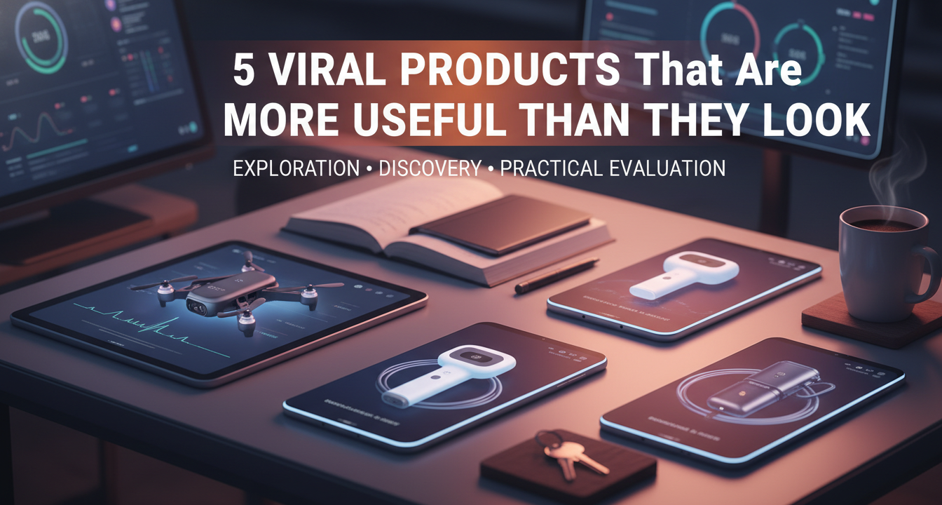 A curated collection of five viral products including cleaning gel, heat sealer, silicone lids, cable organizers, and a collapsible water bottle, arranged on a modern surface.