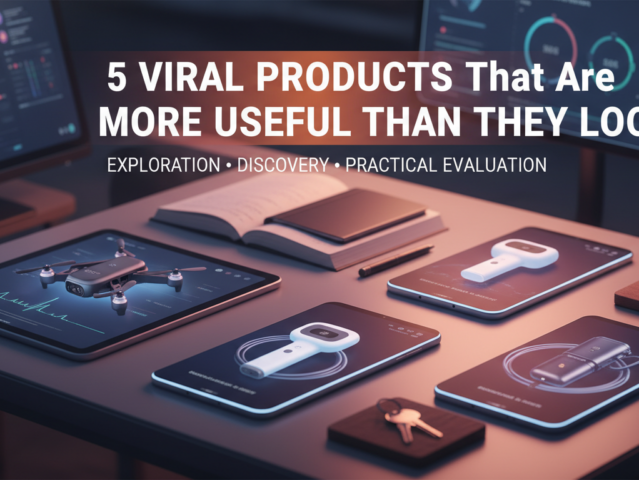 A curated collection of five viral products including cleaning gel, heat sealer, silicone lids, cable organizers, and a collapsible water bottle, arranged on a modern surface.