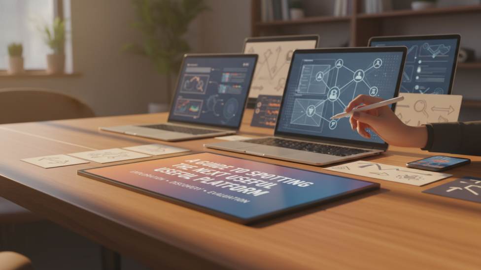 A person navigating a complex digital landscape, symbolizing the search for useful platforms.