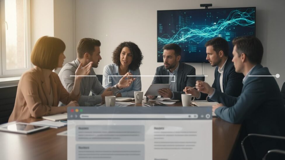 Team members collaborating in a meeting, with AI elements subtly integrated.