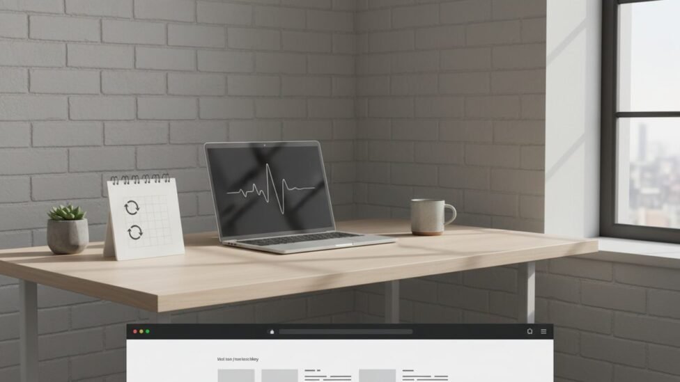 A tidy desk with a laptop displaying a clean desktop, symbolizing digital organization.