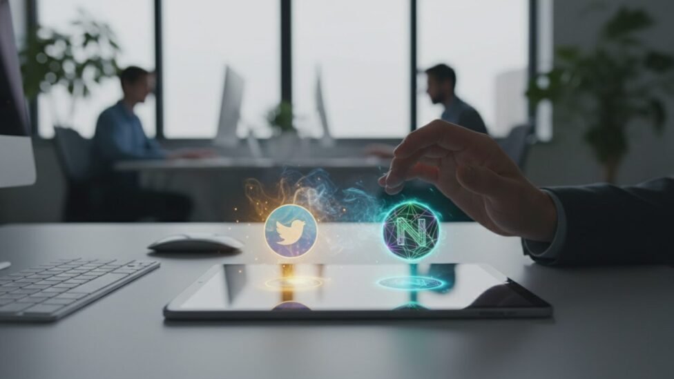 Hand choosing between an old and new productivity app icon on a tablet.