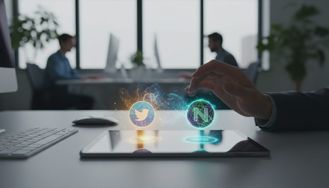 Hand choosing between an old and new productivity app icon on a tablet.