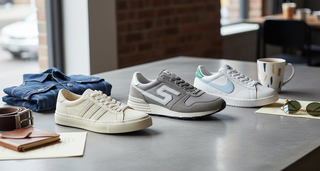 Three classic low profile sneakers in a clean streetwear comparison layout