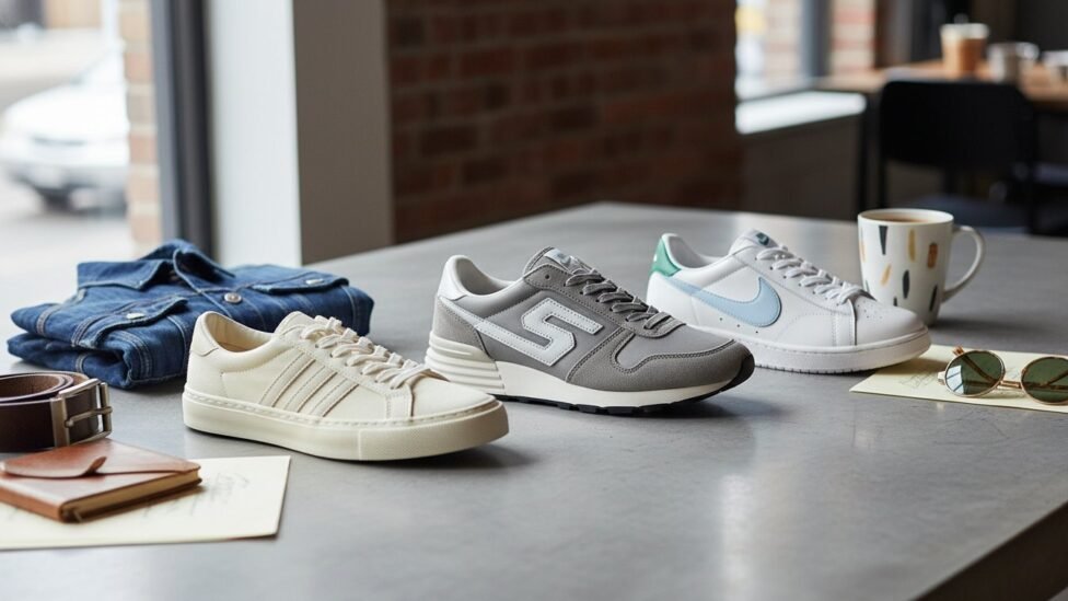 Three classic low profile sneakers in a clean streetwear comparison layout