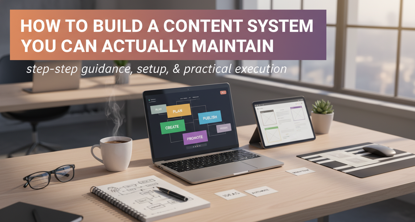Organized desk with content creation tools and a laptop displaying the title 'How to Build a Content System You Can Actually Maintain'