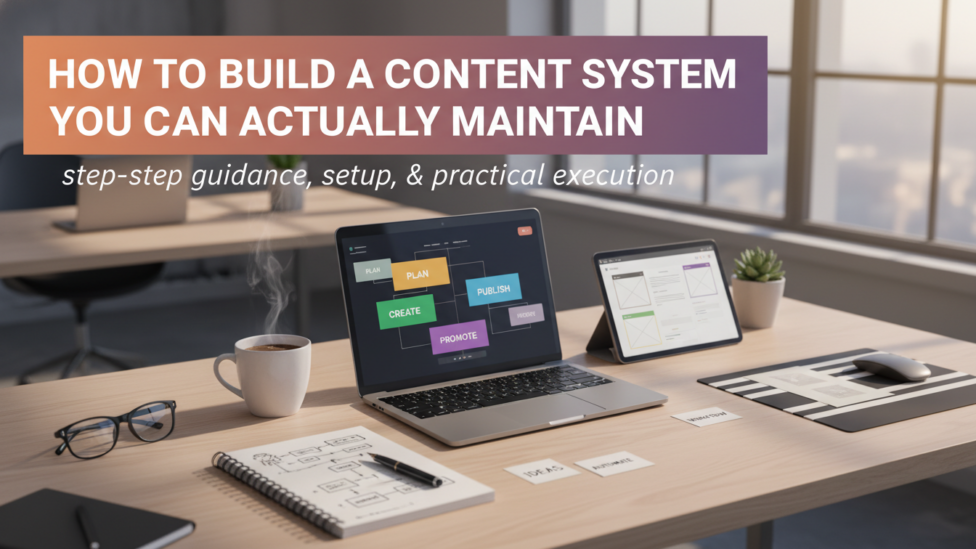 Organized desk with content creation tools and a laptop displaying the title 'How to Build a Content System You Can Actually Maintain'