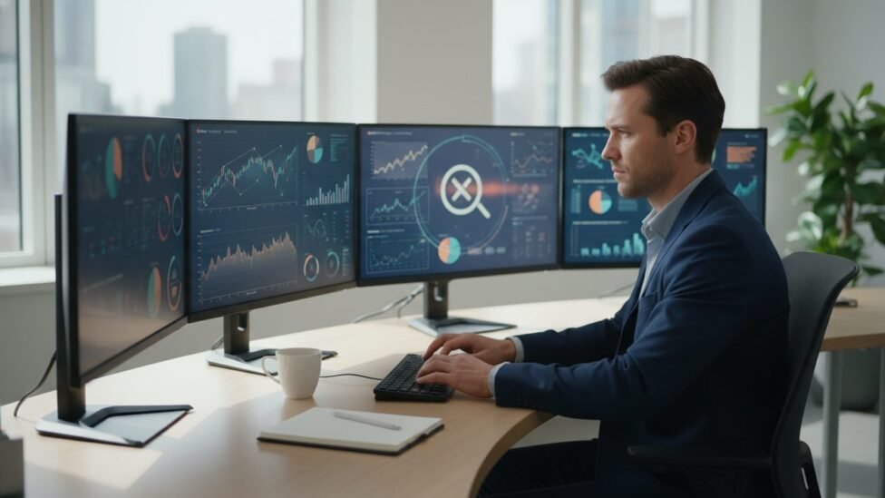 Person at desk analyzing data on multiple screens with a magnifying glass icon, symbolizing digital information verification.