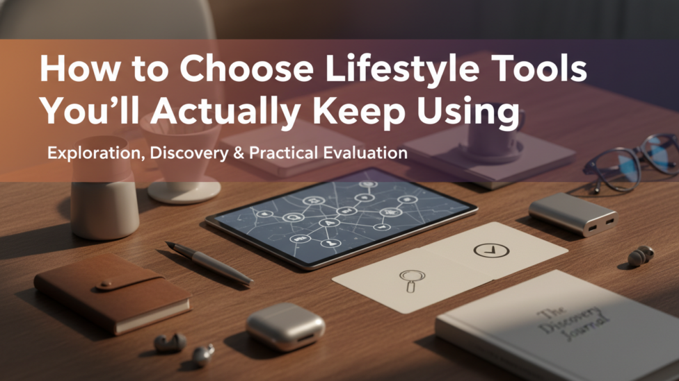 A thoughtfully arranged desk with essential, high-quality lifestyle tools under soft natural light, conveying an atmosphere of intentional living.