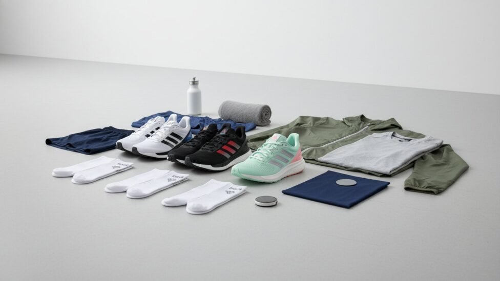 Adidas-style sneakers arranged for everyday running and training use