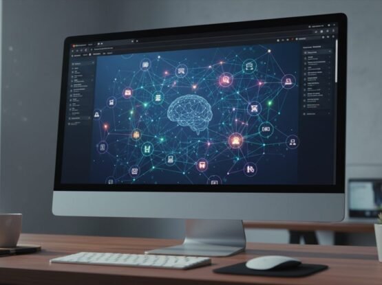 Digital network representing AI search and information analysis.