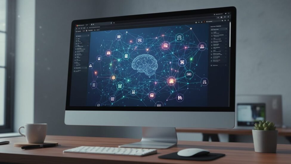 Digital network representing AI search and information analysis.