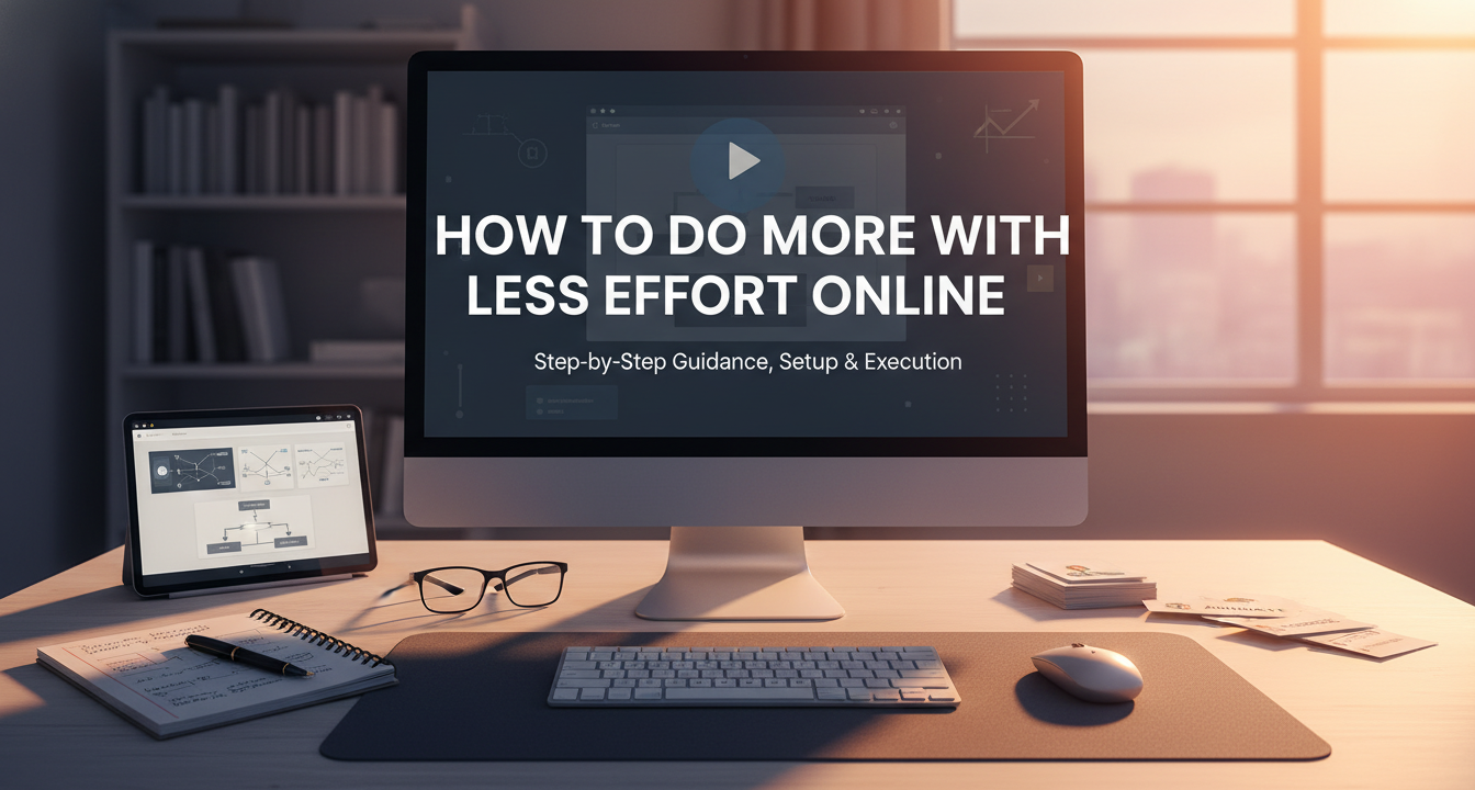 Person efficiently managing multiple digital tasks across screens, symbolizing increased productivity with less effort.