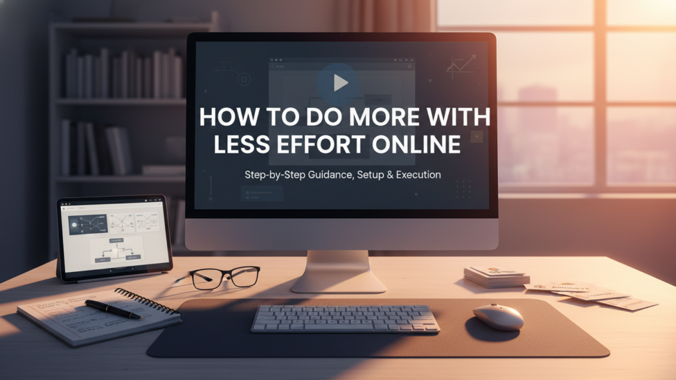 Person efficiently managing multiple digital tasks across screens, symbolizing increased productivity with less effort.