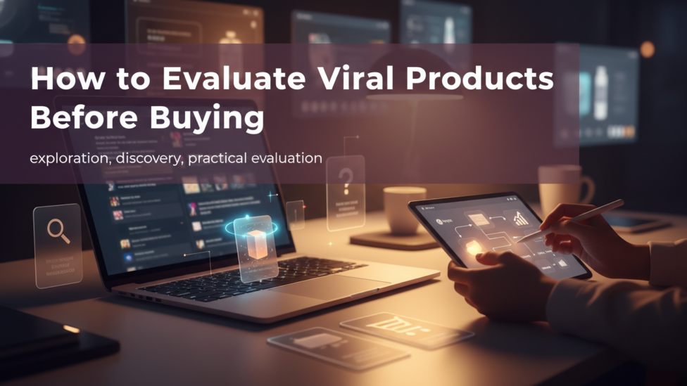 People thoughtfully evaluating viral products on screens, symbolizing critical consumer decision-making.