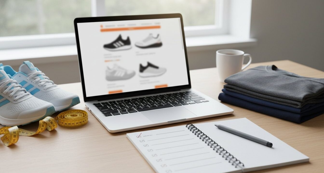Adidas shopping guide scene with sneakers laptop and measuring tape