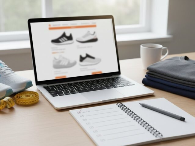 Adidas shopping guide scene with sneakers laptop and measuring tape