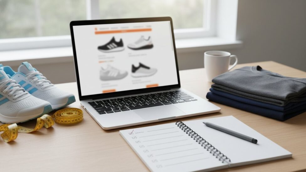 Adidas shopping guide scene with sneakers laptop and measuring tape
