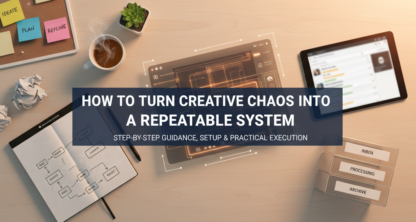 An organized creative workspace with abstract elements symbolizing a system taming creative chaos.