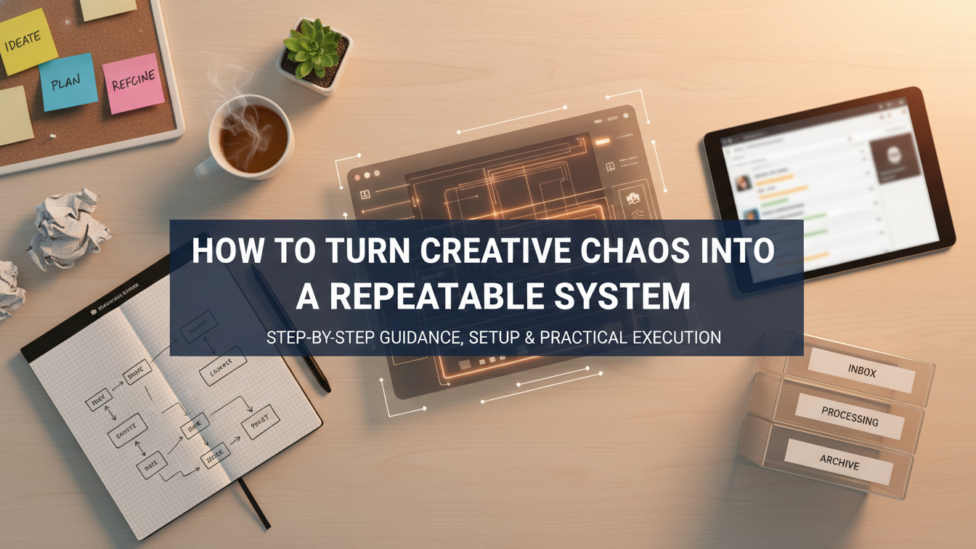 An organized creative workspace with abstract elements symbolizing a system taming creative chaos.