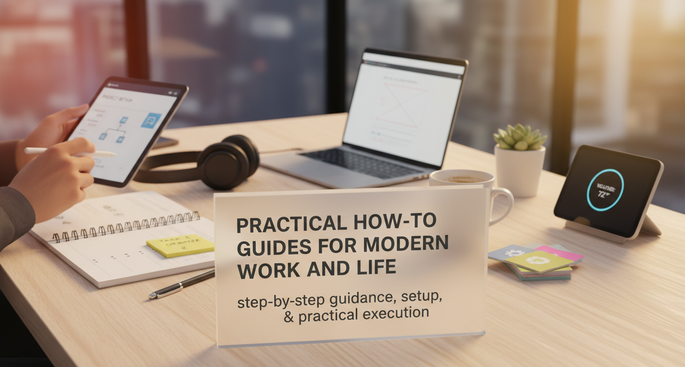 Diverse individuals engaged in modern work and life activities, symbolizing practical how-to guides for productivity, organization, and well-being.