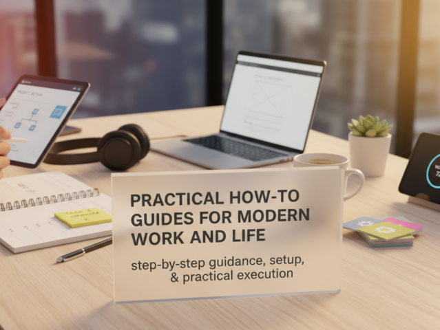 Diverse individuals engaged in modern work and life activities, symbolizing practical how-to guides for productivity, organization, and well-being.