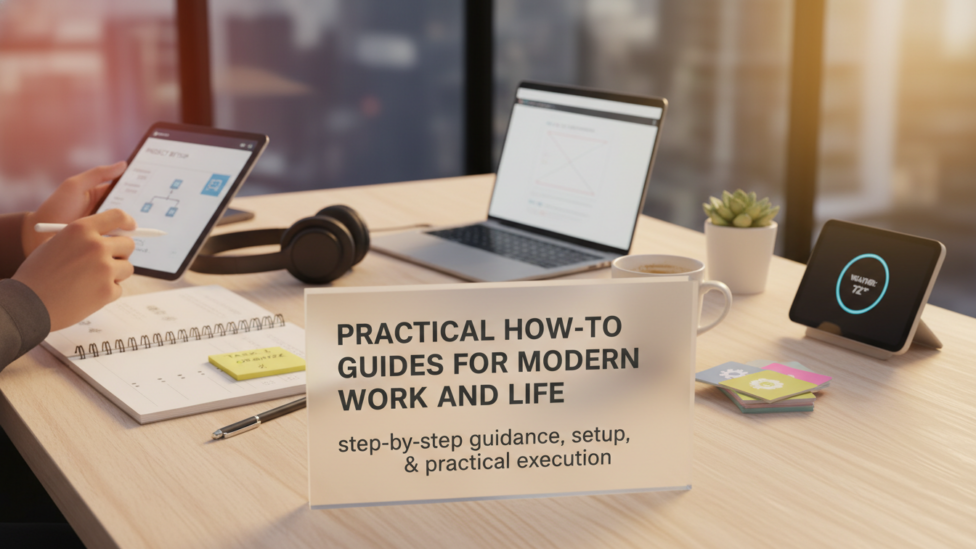 Diverse individuals engaged in modern work and life activities, symbolizing practical how-to guides for productivity, organization, and well-being.