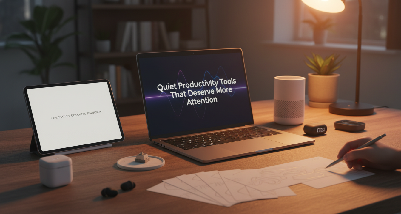A minimalist desk with a clean monitor displaying a simple text editor, evoking calm and focused work.
