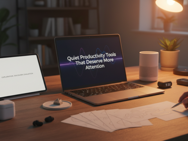 A minimalist desk with a clean monitor displaying a simple text editor, evoking calm and focused work.