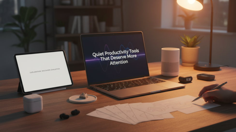 A minimalist desk with a clean monitor displaying a simple text editor, evoking calm and focused work.