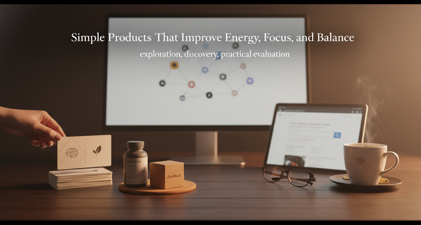 A minimalist desk with tools for energy and focus, symbolizing simple products for well-being.