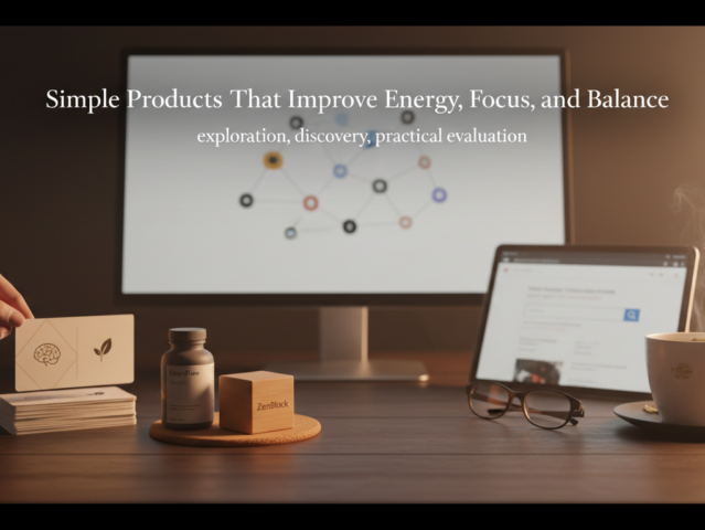 A minimalist desk with tools for energy and focus, symbolizing simple products for well-being.