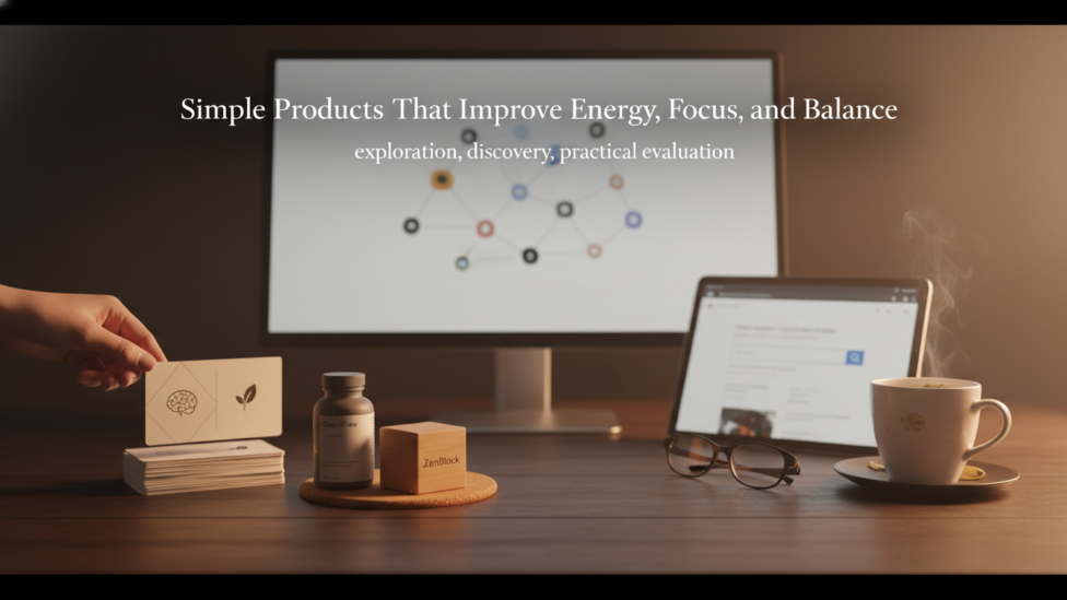 A minimalist desk with tools for energy and focus, symbolizing simple products for well-being.