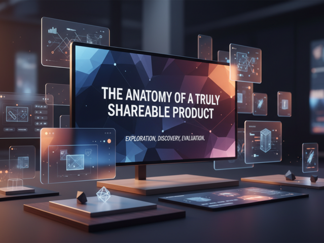 Abstract visual metaphor of interconnected elements representing the core components of a shareable product.