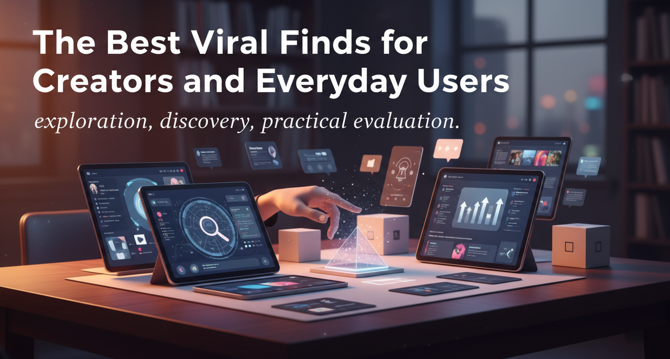 A diverse group of people using modern tools and gadgets, representing creators and everyday users discovering useful viral finds for productivity and well-being.