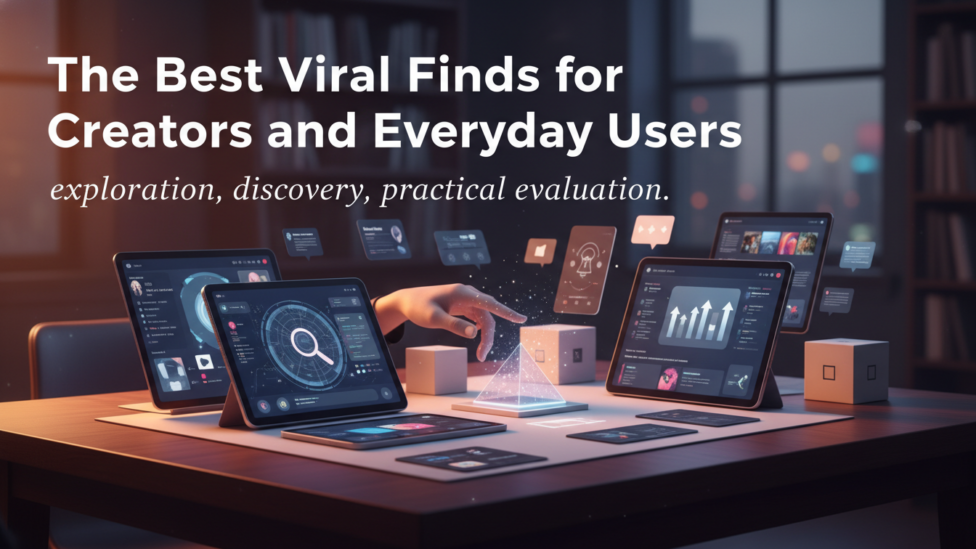 A diverse group of people using modern tools and gadgets, representing creators and everyday users discovering useful viral finds for productivity and well-being.