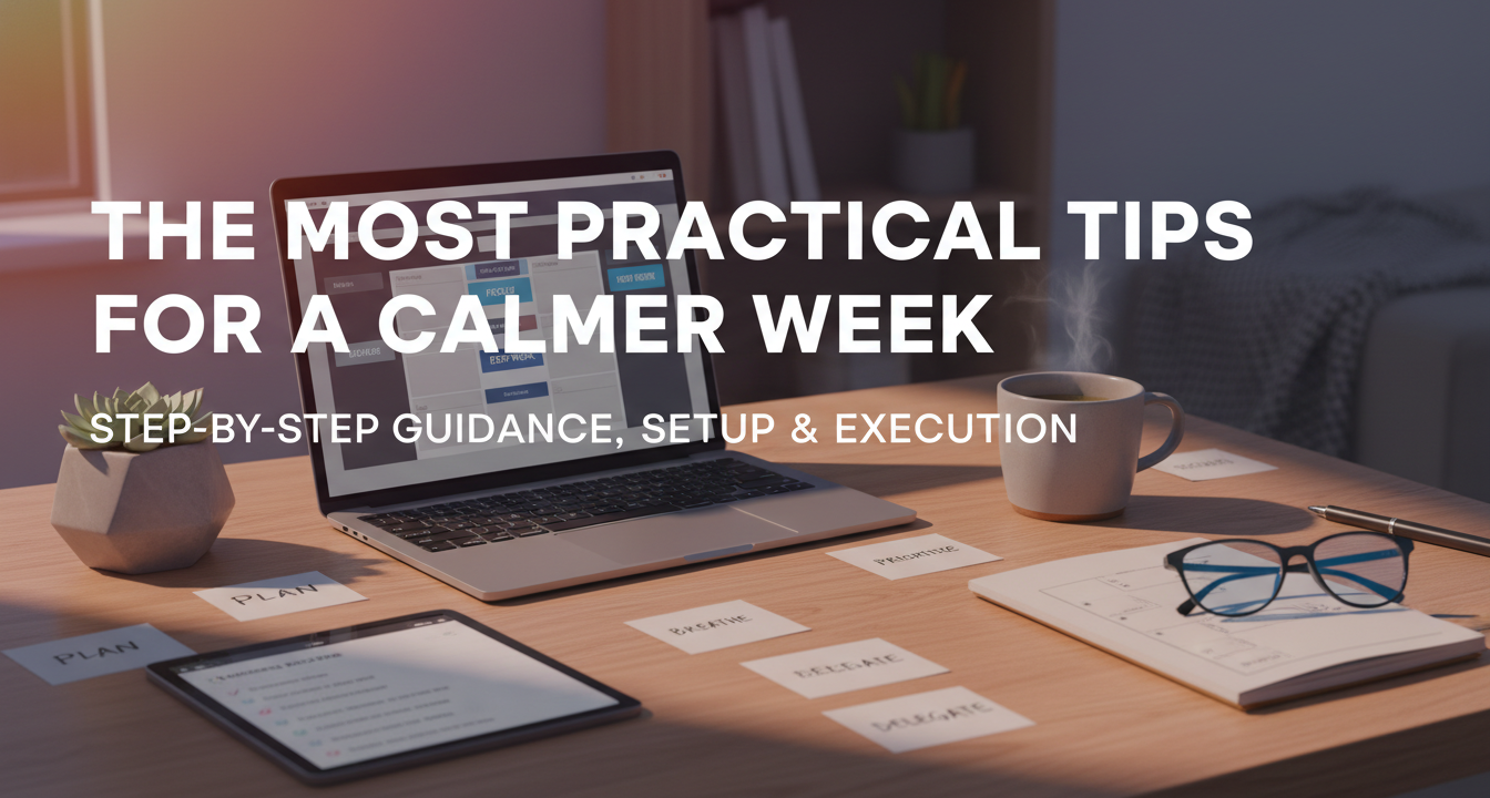 A calm and organized desk with a planner, tea, and plant, symbolizing a peaceful start to a productive week.