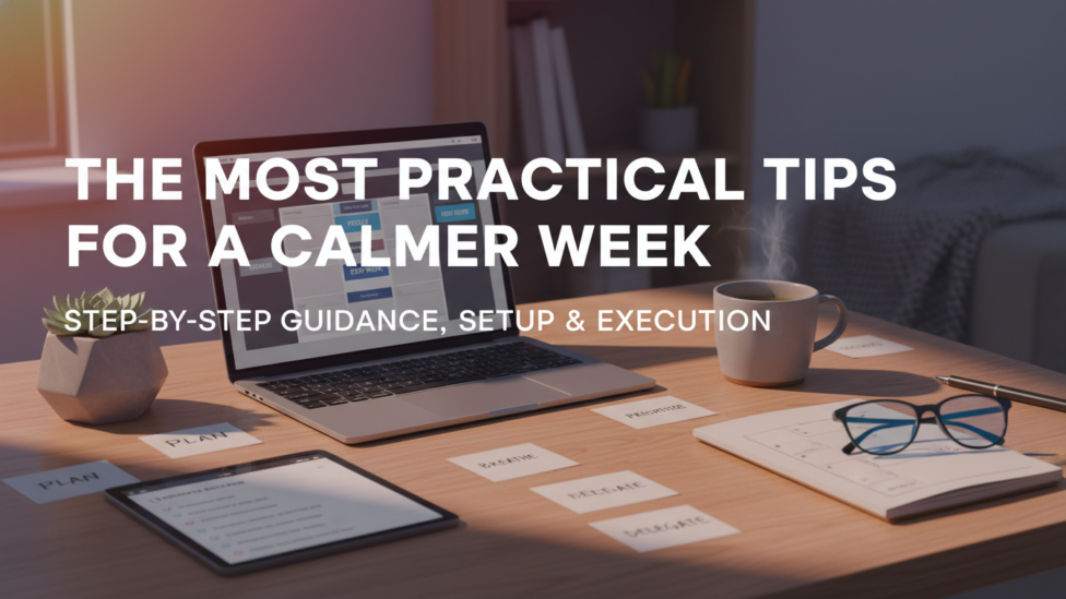 A calm and organized desk with a planner, tea, and plant, symbolizing a peaceful start to a productive week.