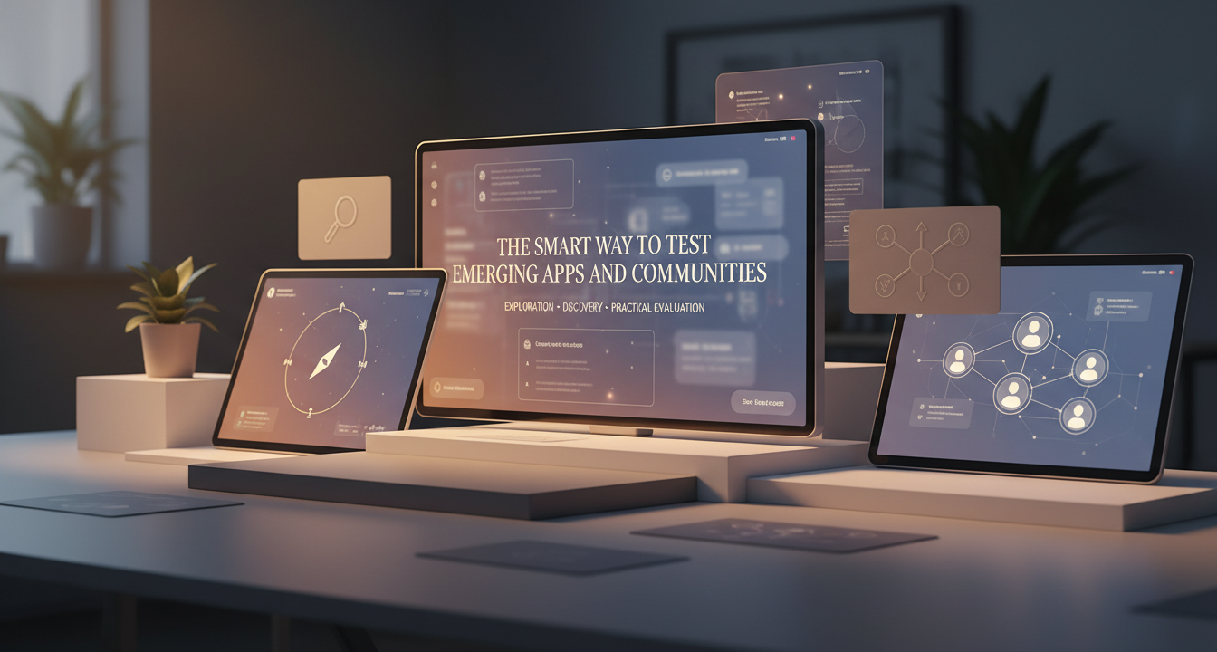 Person thoughtfully exploring new digital apps and communities on multiple screens