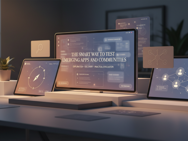 Person thoughtfully exploring new digital apps and communities on multiple screens